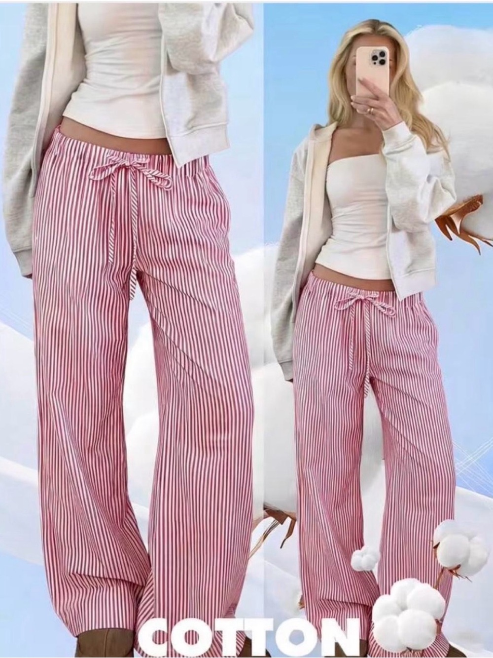 SHEIN Red and White Striped Wide-Leg Cotton Lounge Pants